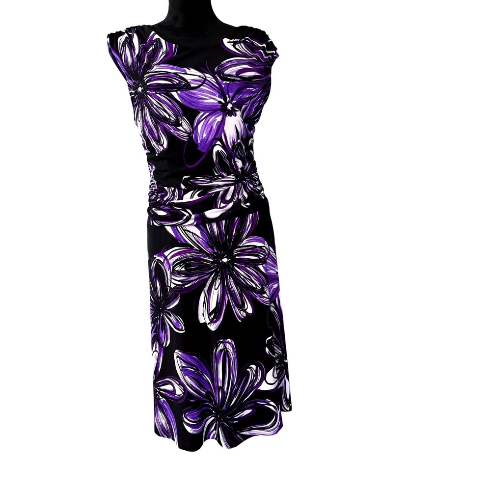 En Focus Studio Women's Purple Floral Ruched Waist‎ Sheath Dress Size 14